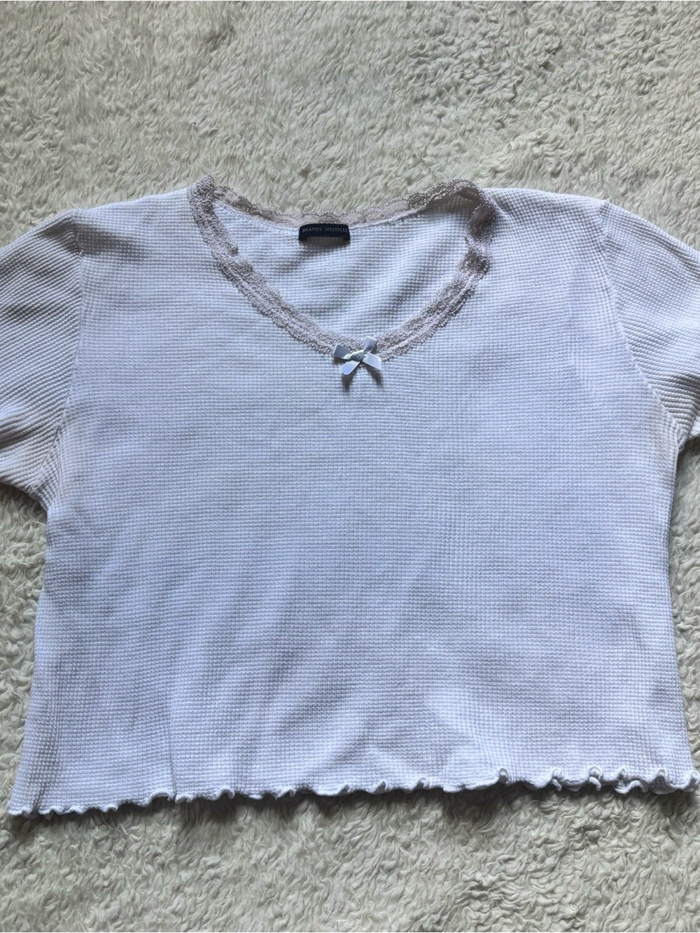 Women’s Brandy Melville Lace-Trim Short Sleeve White Waffle Knit Crop Top